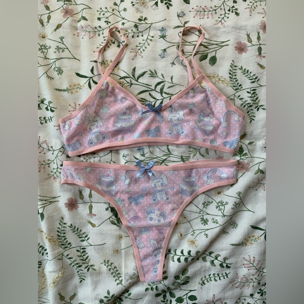 ROMWE Pink Kawaii Print Lingerie Set